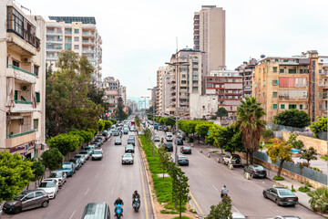 Beirut City Skyline. Modern and old buildings. The main streets of the city during the rush hour. Beirut. Lebanon. - obrazy, fototapety, plakaty