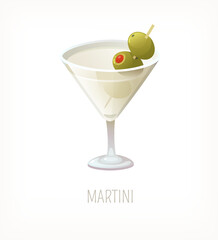 Serving of martini vermouth with olives on toothpick. Glass full of alcoholic drink. Isolated vector image. Liquor from classic cafe or pub menu