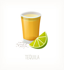 Serving of golden tequila with slice of lime and salt. Shot glass full of alcoholic drink. Isolated vector image. Liquor from classic cafe or pub menu