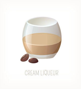 Serving of irish coffee cream liqueur. Glass full of alcoholic drink with coffee beans. Isolated vector image. Liquor from classic cafe or pub menu