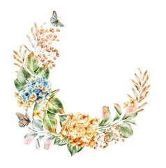 Watercolor Hydrangea wreath decorative art for invitations, cards, wallpaper 