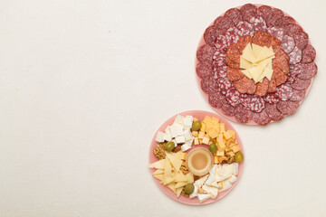 Different tasty snacks for party on wooden background, top view