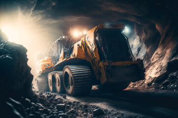 Truck for miner with underground coal mine. Generation AI - obrazy, fototapety, plakaty