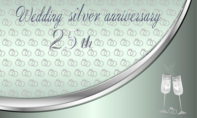 Fototapeta premium Congratulations on the 25th anniversary silver wedding. Elegant background in silver metal with a pattern of wedding rings. Painting on glasses for the newlyweds. Two swans. illustration 