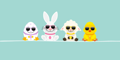 Osterei, Weißer Osterhase Schaf & Küken Sonnenbrille Banner Türkis
