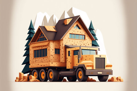 Concept transportation of building wooden house, service machine carries out move. Minimalism illustration, Generation AI