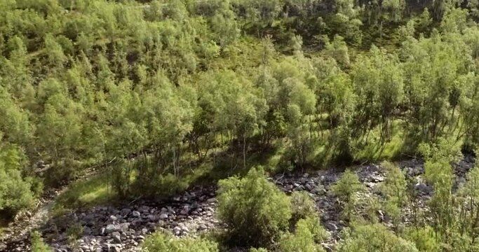 Aerial view of Galggojohka river on the E8 Nordlysveien road in summer when it&acute;s dried up, Storfjord, Troms og Finnmark, Norway. 