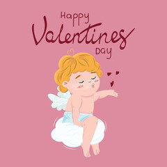 Happy Valentines day. Cute little cupid sitting on the cloud and sending kisses.
