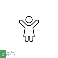 Girl hands up icon. Simple outline style. Woman raised two hands, hold arm, happy figure concept. Thin line symbol. Vector illustration design isolated on white background. EPS 10.