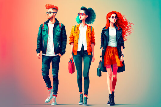 Illustration of three stylish teens from generation Z walk together on bright background. Persons are unrecognizable, image created with Generative AI