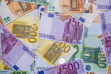 Euro banknotes of different denominations .View from above.