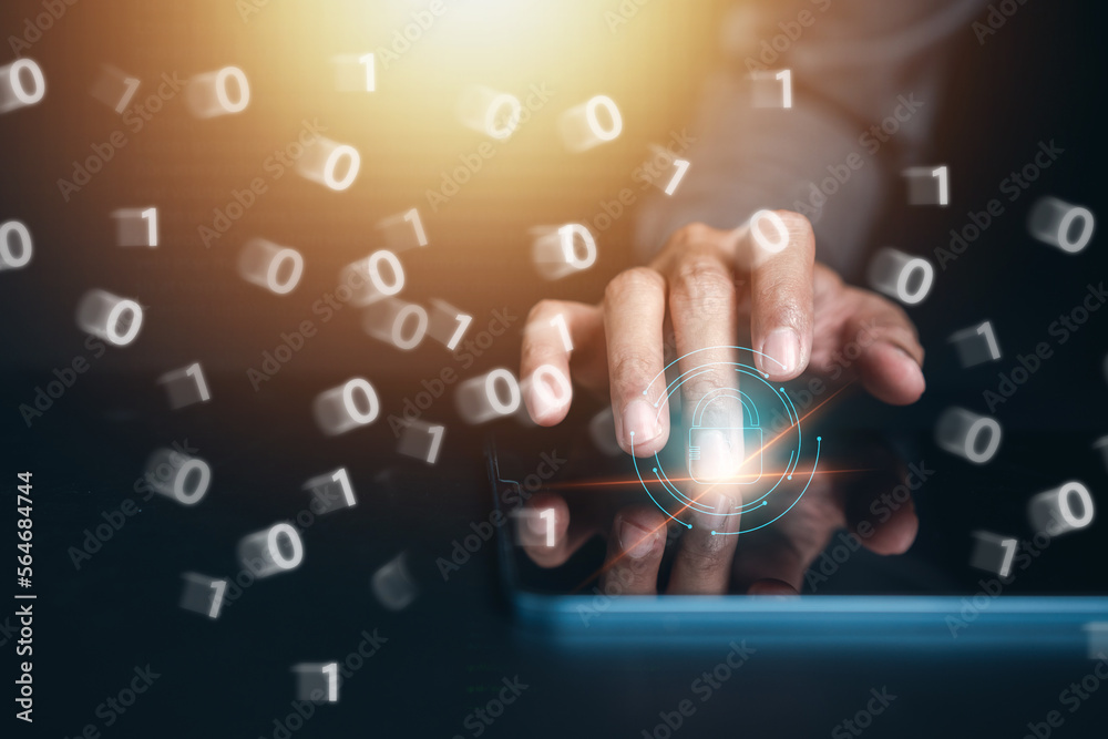 Poster Cybersecurity and privacy concepts to protect data. Lock and safety internet network security technology. Businessman touching locking personal data on smartphone. cyber security