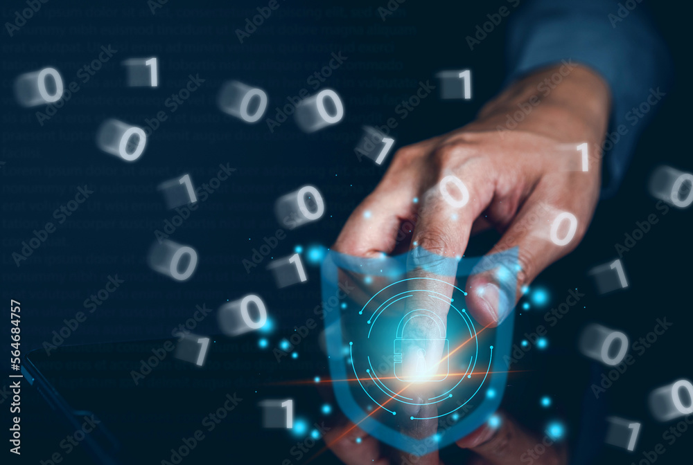 Fototapete Cybersecurity and privacy concepts to protect data. Lock and safety internet network security technology. Businessman touching locking personal data on smartphone. cyber security