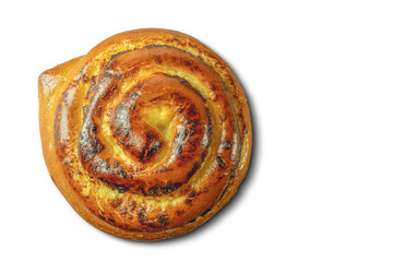 Dough bun with cottage cheese filling on a white background