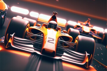 Sport racing car at high speed riding in illuminated road tunnel. Postproducted generative AI digital illustration.