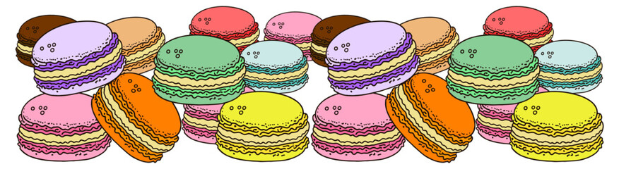 Stack of colorful macaron, macaroon almond cakes, sketch style illustration isolated on white background