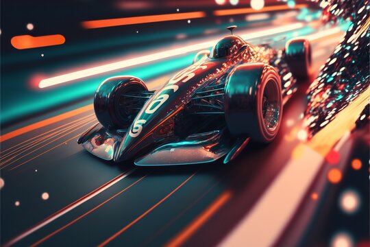 Sport racing car at high speed riding in illuminated road tunnel. Postproducted generative AI digital illustration.