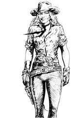 sketch of a cowboy,cowgirl, revolver girl, wild west, illustration,women,girl,revolver,gun