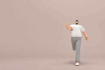 The man with beard wearinggray corduroy pants and white collar t-shirt.  He is running. 3d rendering of cartoon character in acting.