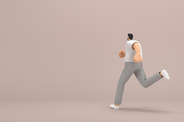 Fototapeta na wymiar The man with beard wearinggray corduroy pants and white collar t-shirt. He is running. 3d rendering of cartoon character in acting.