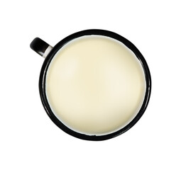 Fototapeta premium Top view of a white enameled metal cup with milk isolated on a transparent background