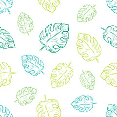 Vector Hand Drawn Doodle Style Palm Leaves Seamless Pattern on White Background. Retro Vintage Style Leaves Texture. Tropical palm leaves, jungle leaves seamless vector floral print textile background