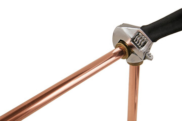 A wrench being used to adjust a compression elbow, png transparent.