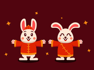 Obraz na płótnie Canvas Flat Element of Two Cute Chinese Rabbits. Celebrating Lunar New Year. Vector Design.