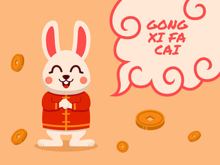 Flat Illustration of Cute Chinese Rabbit with Bubble Text Gong Xi Fa Cai. Vector Illustration.