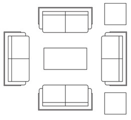 2D graphic drawing of the top view layout of the sofa set and its side furniture such as coffee table and side table. Drawing in black and white using CAD.