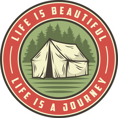Colored emblem of tent for camping design or t-shirt print. Forest travel adventure