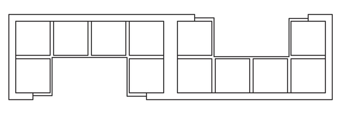 2D graphic drawing of the top view layout of the sofa set and its side furniture such as coffee table and side table. Drawing in black and white using CAD.