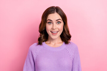 Fototapeta premium Photo of astonished gorgeous lady dressed trendy purple clothes rejoice nice proposition isolated on pink color background