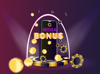 Mega bonus for online casino banner, vector jackpot prize game sign, flying gold coins, poker chips on mobile phone with neon light