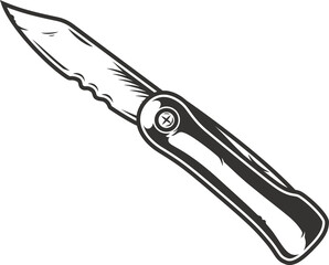 Camping penknife with wooden handle. Monochrome pocket jackknife