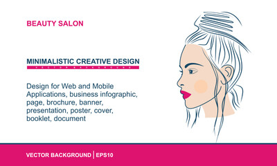 Stylish face of woman in minimal style. Beauty salon concept for Web and Mobile Applications, business infographic, page, brochure, banner, presentation, poster, cover, booklet, document. Vector