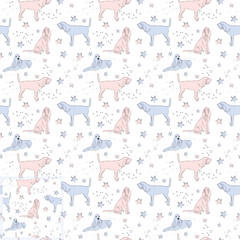 T-shirt textile, wrapping paper, blue background graphic design. Wallpaper for Babies and kids. Pattern design with funny Bloodhound dogs doodles, seamless pattern. Blue and Pink linen style
