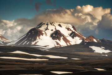 Majestic volcanic mountain with snow covered and dramatic cloud on remote wilderness at Icelandic Highlands