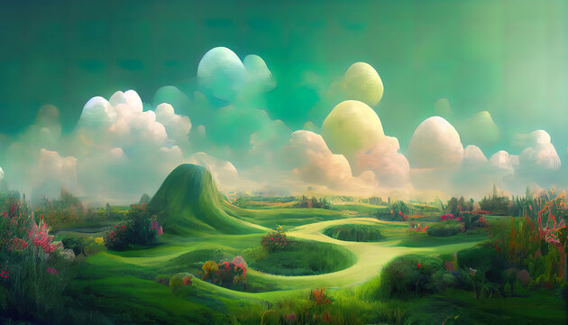 Childhood fantasy world dream green landscape 3d with soft forms and pastel colors