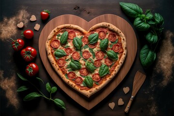 portrait delicious hot Italian Pizza heart shape with ingredients and copy spase on vintage background. Happy Valentines day. love concept,Generative ai
