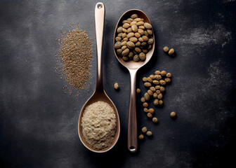 hemp seed, hearts and protein powder in spoon, AI Generated - obrazy, fototapety, plakaty
