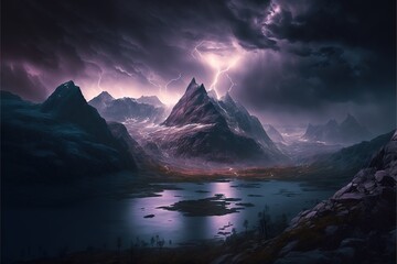  a mountain range with a lake and a lightning bolt in the sky above it and a lake below it with rocks and water below it, and a dark sky with clouds and lightning above.  generative ai