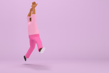 The black man with pink clothes.  He is jumping. 3d rendering of cartoon character in acting.