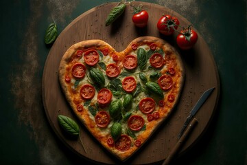 portrait delicious hot Italian Pizza heart shape with ingredients and copy spase on vintage background. Happy Valentines day. love concept,Generative ai
