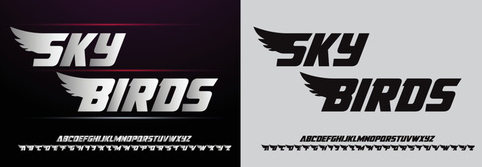Obraz premium Sky Birds, Game Sport Movie Alphabet Font. Typography modern regular style font for technology, digital, logo design. vector illustration