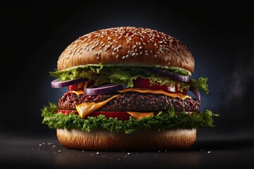 portrait Tasty Hot burger publicity on wooden table ,black background, cheese crust seafood topping sauce vegetables delicious fast food,photography,Generative ai
