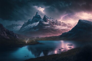  a painting of a mountain range with a lake in the foreground and a lightning in the sky above it, with a lake in the foreground, and a mountain range with a.  generative ai