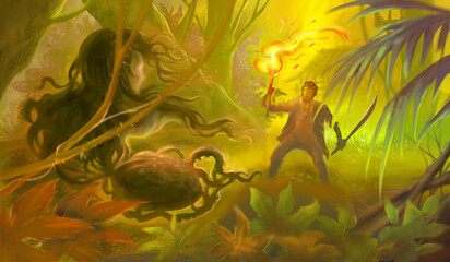 Krasue, Thai ghost. A man holding a torch and holding a sword is chasing a Krasue. Digitally drawn style illustration

