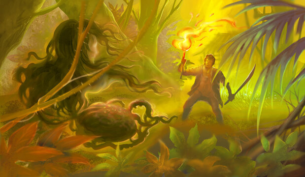 Krasue, Thai ghost. A man holding a torch and holding a sword is chasing a Krasue. Digitally drawn style illustration

