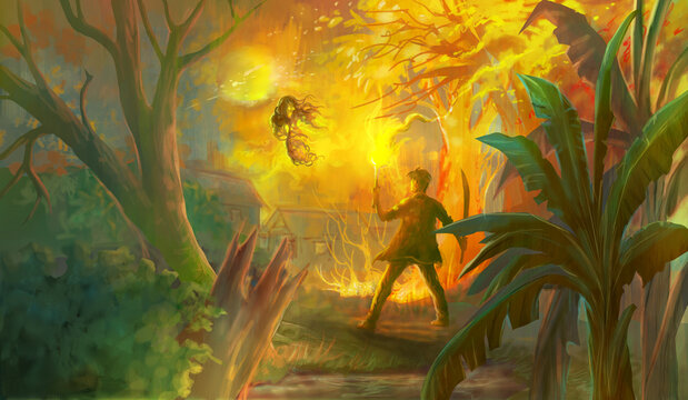 Krasue, Thai ghost. A man holding a torch and holding a sword is chasing a Krasue. Digitally drawn style illustration

